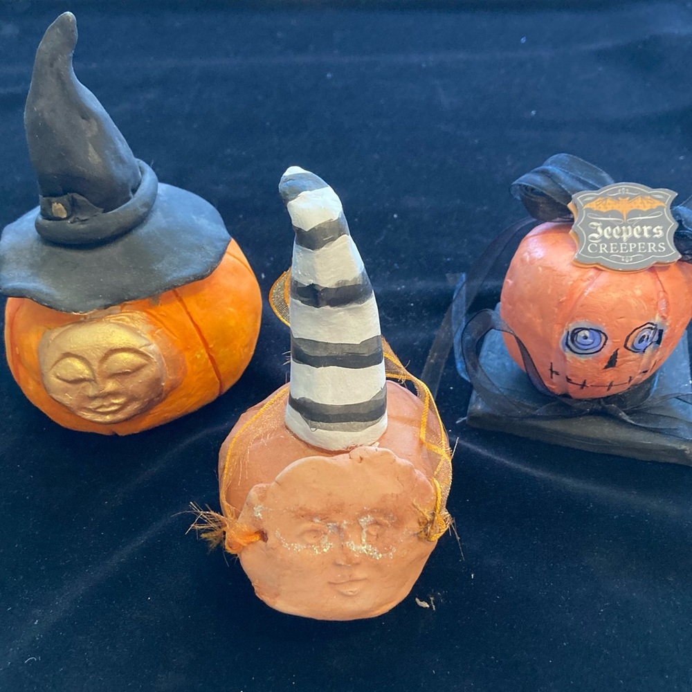 Halloween Three Handmade Folk Art Original Terracotta Ceramic Halloween Pumpkins